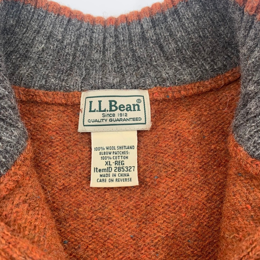 LL Bean Shetland Wool Quarter Zip Mens XL Orange Excellent Elbow Patches 285327 - Picture 5 of 8